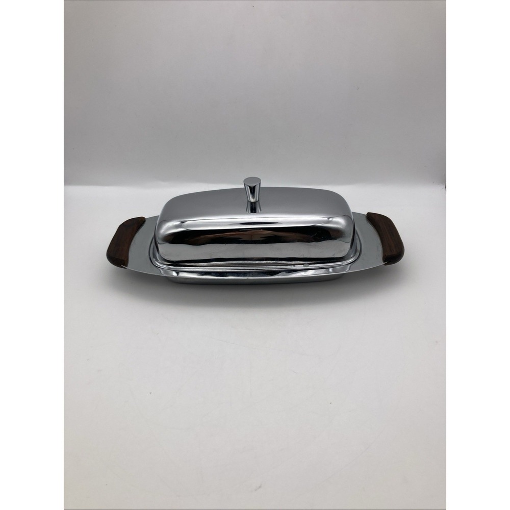 MCM Vintage ButterDish Wood Chrome Metal Covered Glass Plate Mid Century Modern